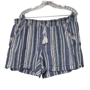 Briggs‎ Womens XL Blue White Striped Linen Blend Smocked Waist Tassel Shorts